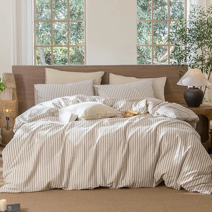 Easy-to-Use MooMee Striped Duvet Cover Set Washed Cotton Linen Like Textured Breathable Durable Soft Comfy Tannish Linen Grey White Classic Stripes Full 80 quot x90 quot Advanced