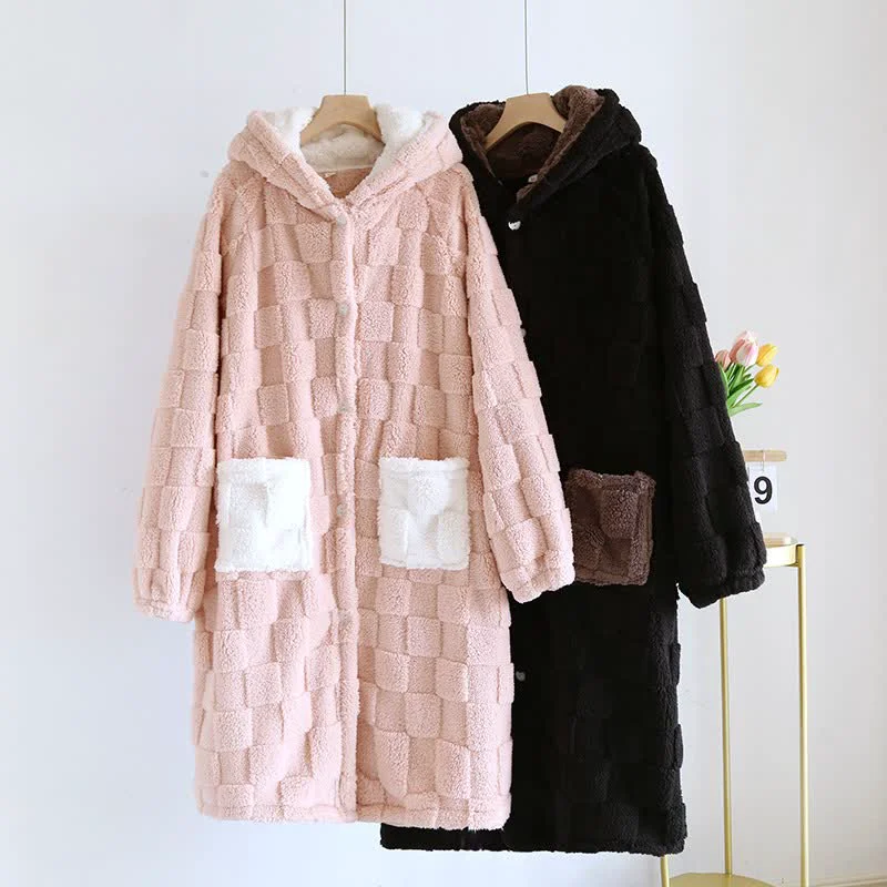 Smart Ownkoti Couple Matching Grid Textured Hooded Flannel Robe Proven
