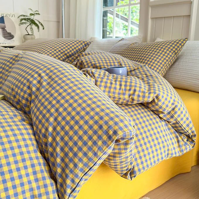 Refined LifeTB Gingham Comforter Set Full Modern Style Purple Yellow Grid Plaid Comforter Set Soft Fluffy Checkered Pattern Comforter with 2 Pillowcases Farmhouse Gingham Grid Bedding Comforter Breathable Solid