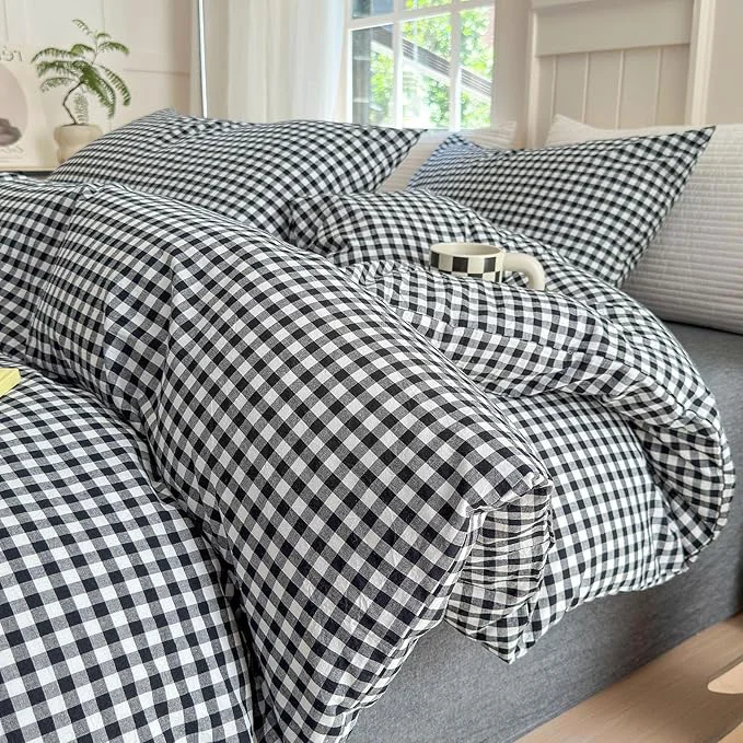 Excellent LifeTB Black Gingham Comforter Full Size Boho Plaid Checkered Pattern Comforter Geometric Grid Plaid Printed Bedding Comforter Set with 2 Pillowcases Fluffy Bed Luxury Soft Gingham Bedding Set Full Enhanced
