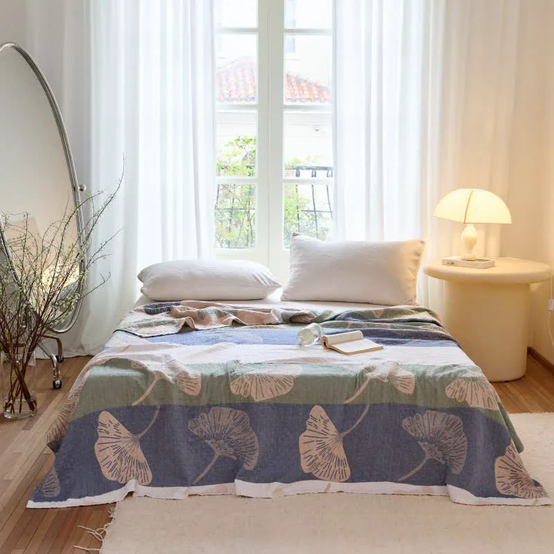 Smart Ownkoti Striped Ginkgo Leaf Cotton Gauze Quilt Blanket World-Class