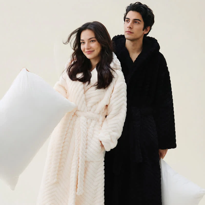 Luxury Ownkoti Couple Mtaching Plush Hooded Herringbone Robe Versatile