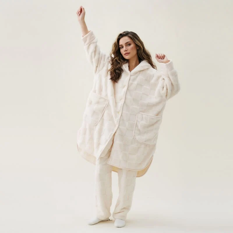Reliable Ownkoti Solid Plush Checkered Texture Hooded Robe Efficient