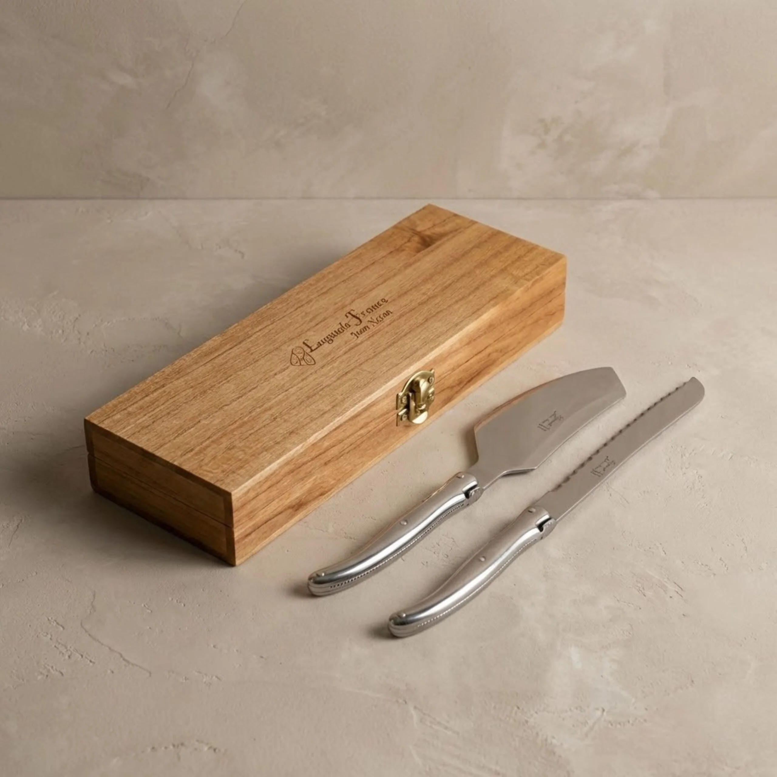 Authentic Laguiole Cake Serving Set Platine Stainless Steel in wooden box Crafted