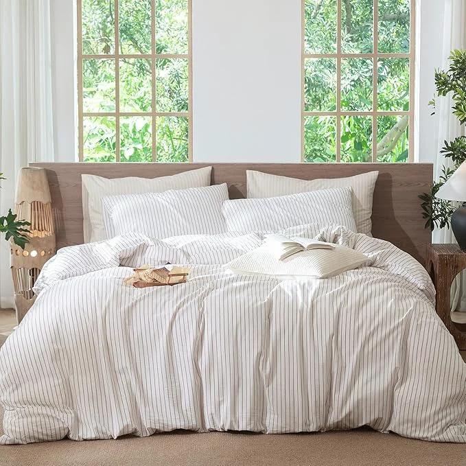 Safe MooMee Striped Duvet Cover Set Washed Cotton Linen Like Textured Breathable Durable Soft Comfy White Orange Wide Stripes Cal King 104 quot x98 quot Artisan