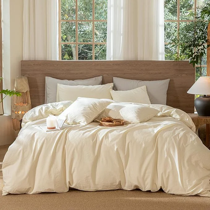 Premium Material MooMee Wavy Striped Duvet Cover Set Washed Cotton Linen Like Textured Breathable Durable Soft Comfy Cream White Cal King 104 quot x98 quot First-Class