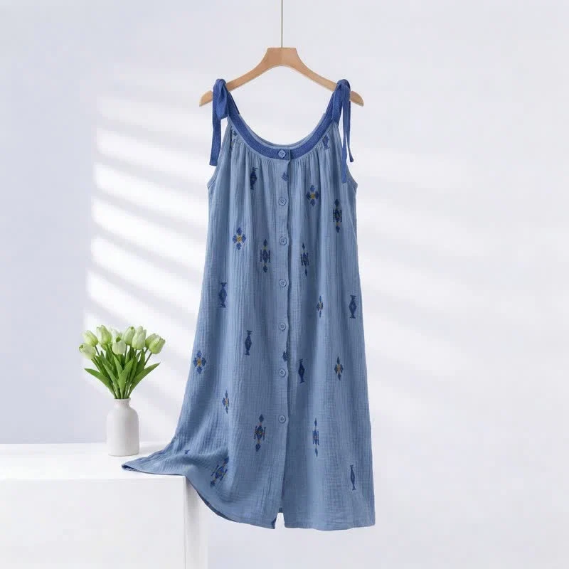 Elegant Ownkoti Blue Cotton Gauze Tie Strap Nightgown Smart