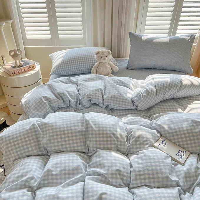 Green LifeTB Blue Gingham Comforter Set King 3 Pieces Blue Plaid Grid Comforter Set Geoometric Checkered Pattern Comforter with 2 Pillowcases Lightweight Soft Farmhouse Gingham Plaid Bedding Set Secure