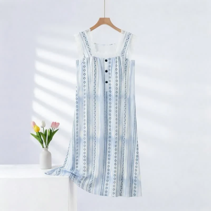 Unique Ownkoti Square Neck Striped Floral Sleeveless Nightgown Stylish
