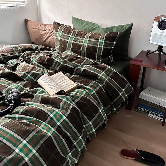 Artisan LifeTB Brown Green Plaid Comforter Set King Size 3 Pieces Grid Gingham Bedding Comforter with 2 Pillowcases Fluffy Soft Farmhouse Grid Bedding Vintage Plaid Checkered Comforter Set for All Seasons Next-Generation