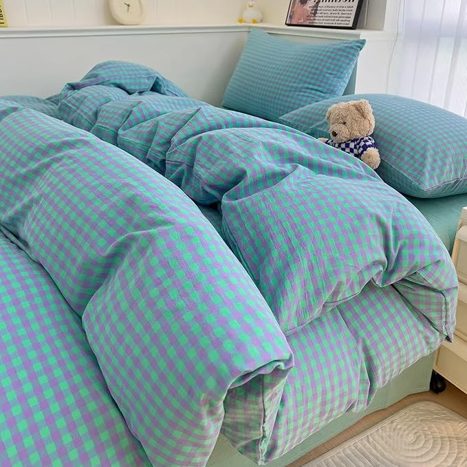 Sustainable LifeTB Green Gingham Comforter Set Full Modern Style Green Purple Plaid Comforter Set Fluffy Soft Farmhouse Gingham Bedding Comforter 3 Pieces Grid Checkered Pattern Comforter with 2 Pillowcases Refined