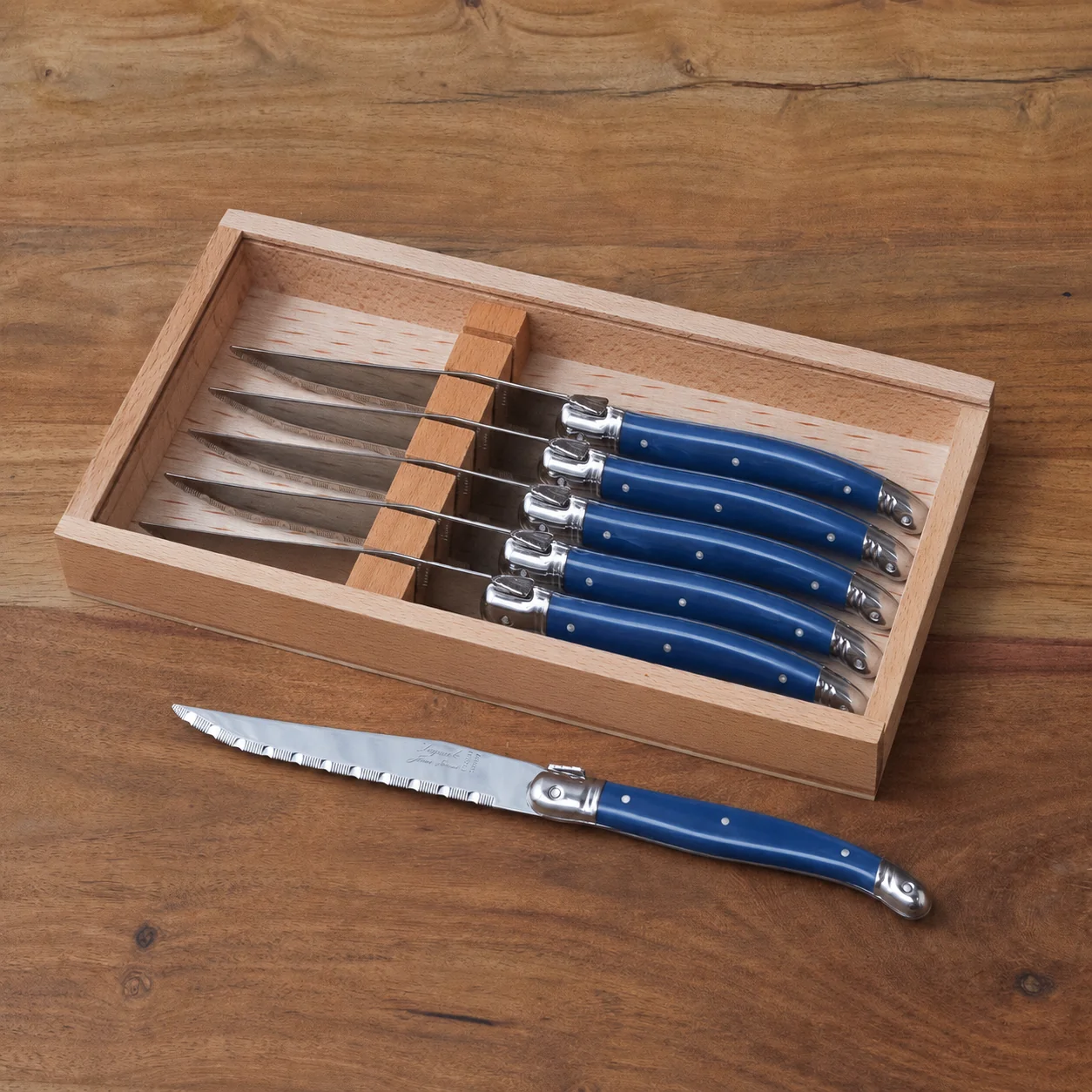 Fine Laguiole 6 Piece Steak Knife Set French Blue in Wood Box with Acrylic Lid Original
