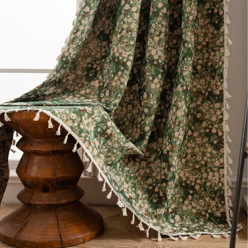 Modern Ownkoti Cottage Style Green Floral Tassel Curtain Smart