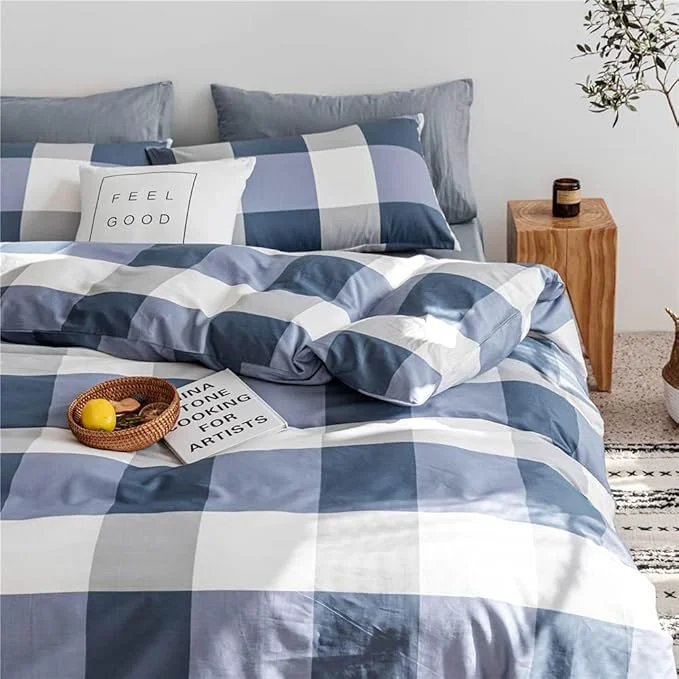 Functional LifeTB Twin XL Comforter Set Modern Style Plaid Checkered Pattern Comforter Soft Fluffy Blue White Grey Geometric Comforter with 2 Pillowcases for Men Boy Teen All Seasons Comforter Set Twin XL Size Detailed