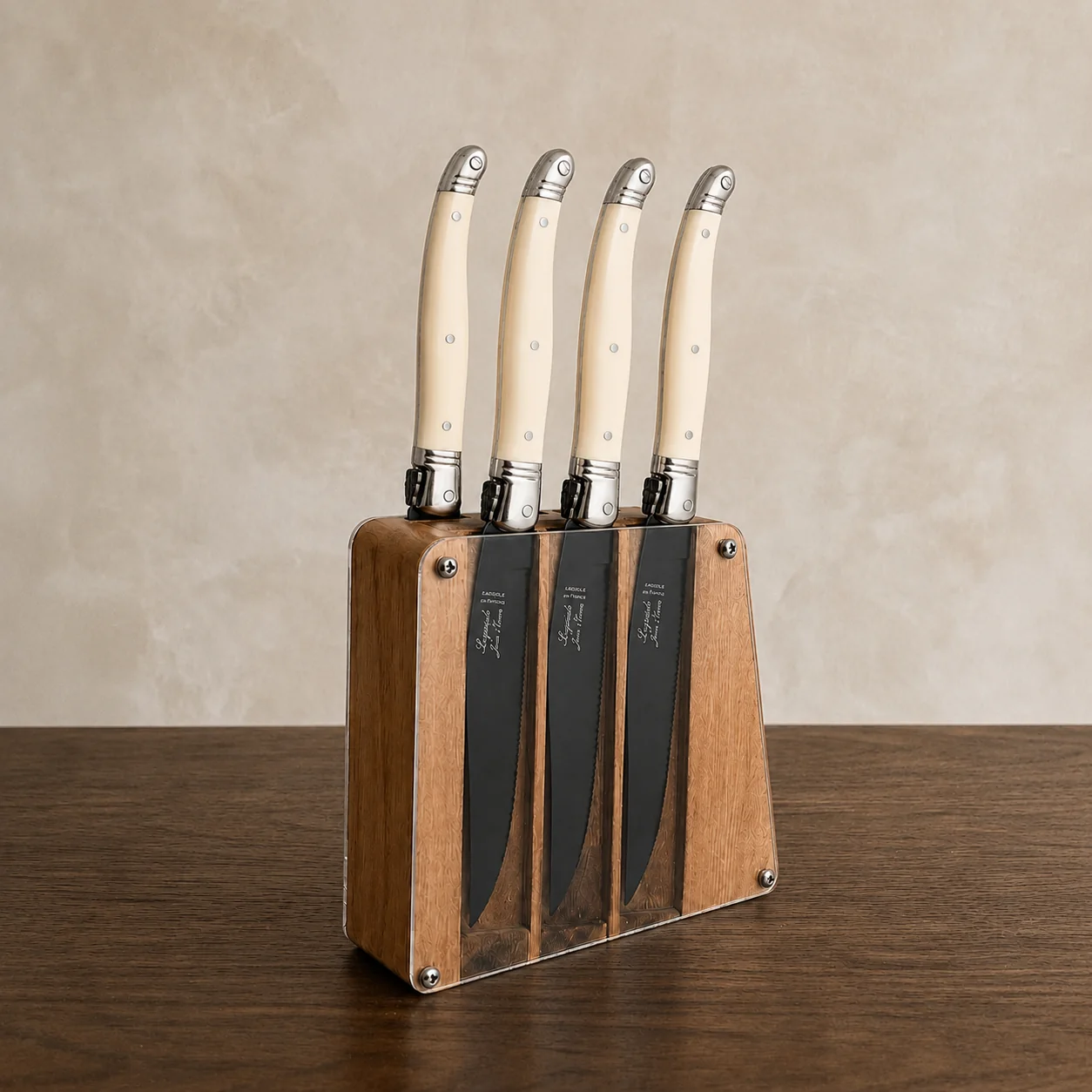Green Laguiole 6 Piece Steak Knife Set Black Blade amp Ivory Handle in Acrylic Block Secure