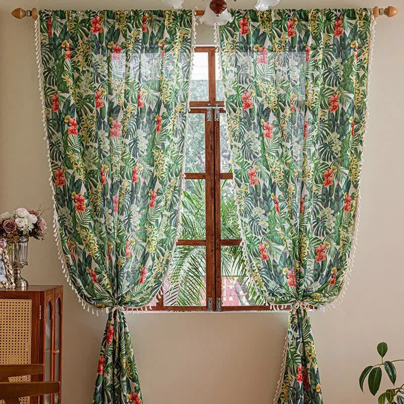Crafted Ownkoti Monstera amp Floral Print Tassel Curtains 2PCS Genuine