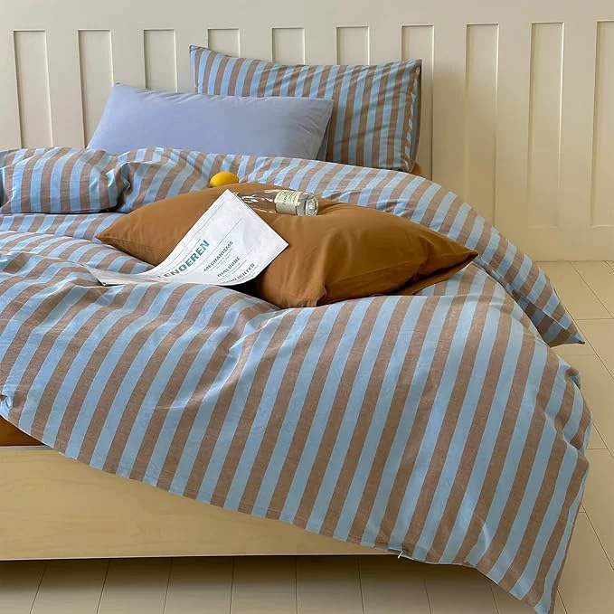 High-End LifeTB Vintage Striped Comforter Set Full 3 Pieces Blue Brown Stripes Pattern Printed Bedding Set Fluffy Soft Lightweight Bedding Comforter Set Farmhouse Striped Bed Comforter with 2 Pillowcases Unique
