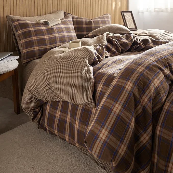 Crafted EAVD Vintage Style Brown amp Blue Buffalo Plaid Duvet Cover Set Queen Soft Cotton Muslin Blue Brown Grid Gingham Bedding Set with 2 Pillowcases Farmhouse Gingham Duvet Cover with Zipper Closure Natural