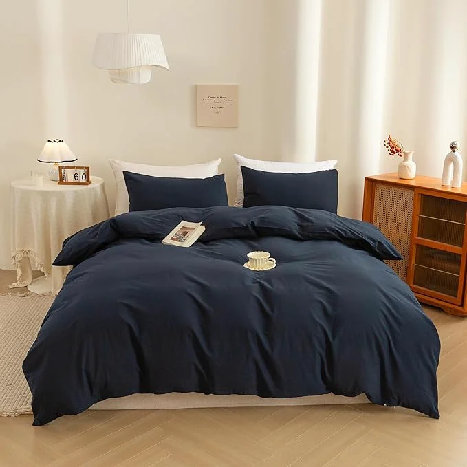 Crafted ECOCOTT Navy Blue Duvet Cover Oversized King Size – Washed Cotton Durable Soft Comfy Bedding Set 3 Pieces Duvet Cover with Zipper Closure Navy Blue 120 quot x 98 quot Authentic