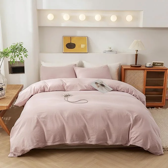 Green ECOCOTT Duvet Cover Set Washed Cotton Linen-Like Soft amp Breathable Durable Comfy Bedding Set for All Seasons Full Size Greyish Pink Fine