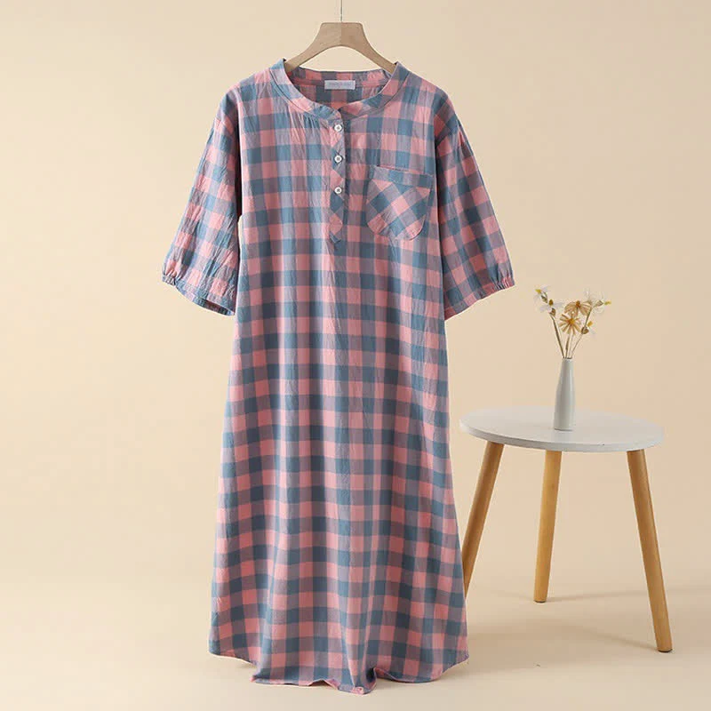 Smooth Ownkoti Plaid Cotton Gauze Nightgown with 3-Button Classic