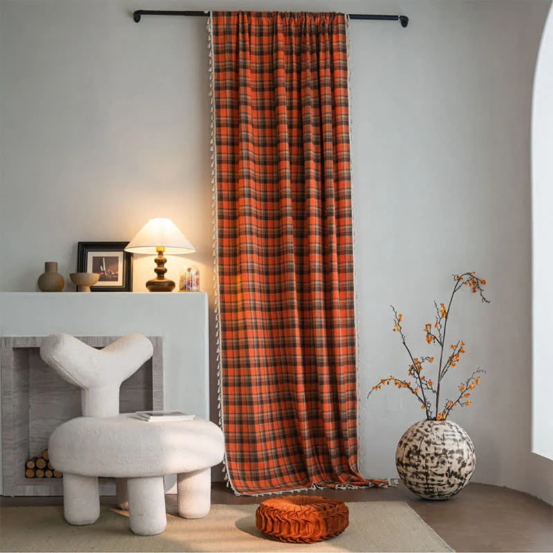 Advanced Ownkoti Bright Orange Plaid Tassel Curtain Fine Crafted