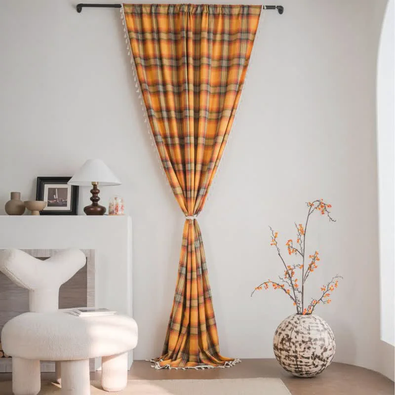 World-Class Ownkoti Farmhouse Style Orange Plaid Tassel Curtain Refined