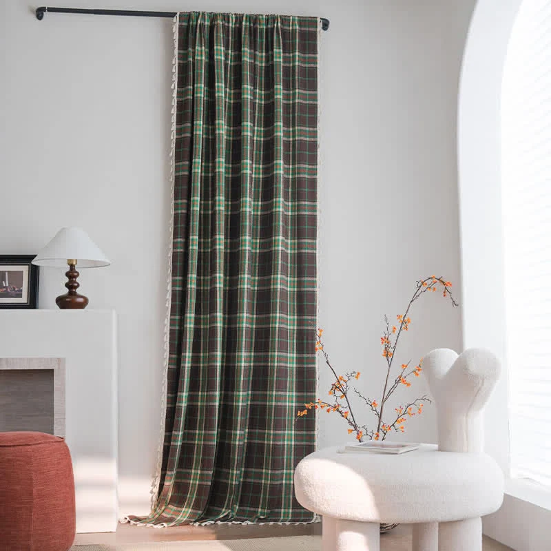 Functional Ownkoti Vintage Style Green Plaid Tassel Curtain Stylish