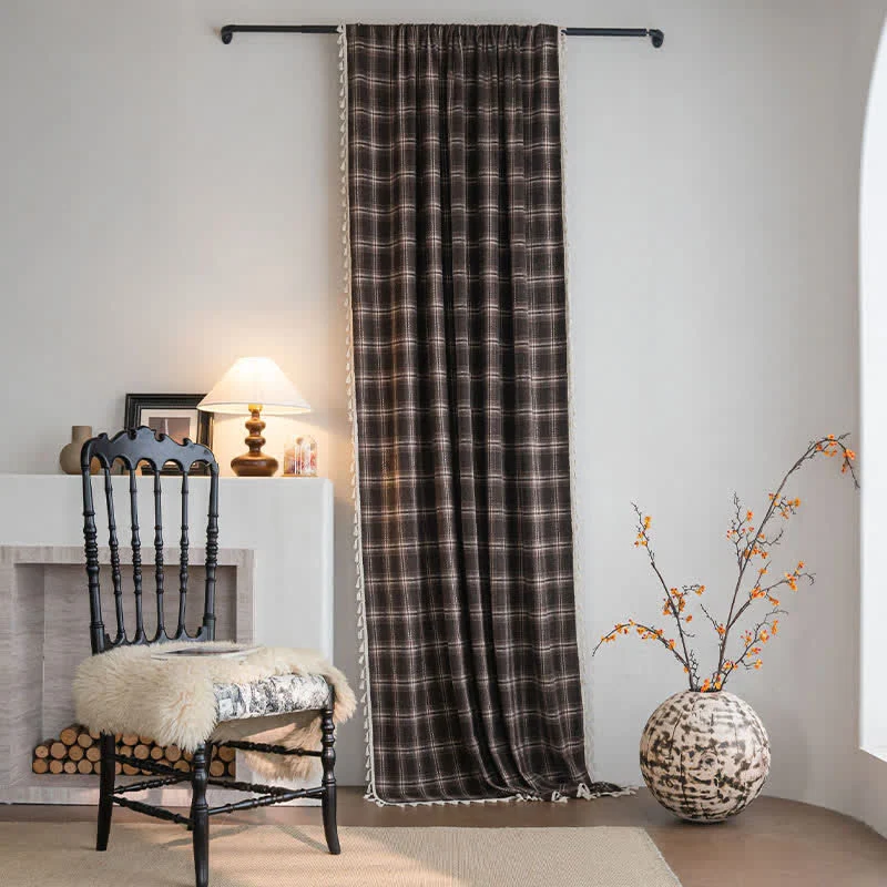 Contemporary Ownkoti Vintage Style Plaid Tassel Curtain Flexible