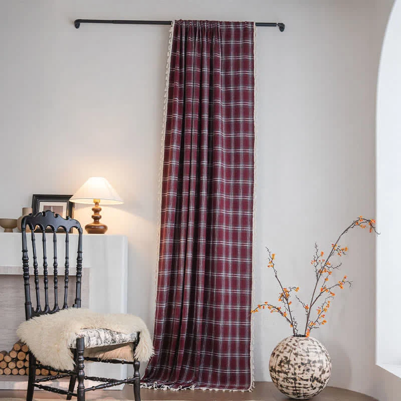 Superior Ownkoti Vintage Style Burgundy Plaid Tassel Curtain Unique