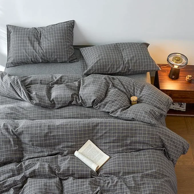 Safe EAVD Vintage Style Grey Plaid Gingham Duvet Cover Twin Washed Cotton Like Linen Feel Soft Grid Plaid Bedding Set with 2 Pillowcases Farmhouse Grid Geometric Pattern Duvet Cover with Zipper Smooth