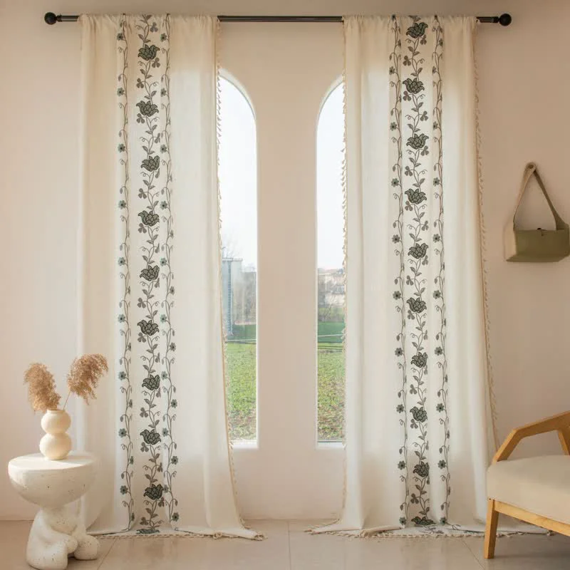 Selected Ownkoti Rose Floral Vine Tassel Curtain Natural