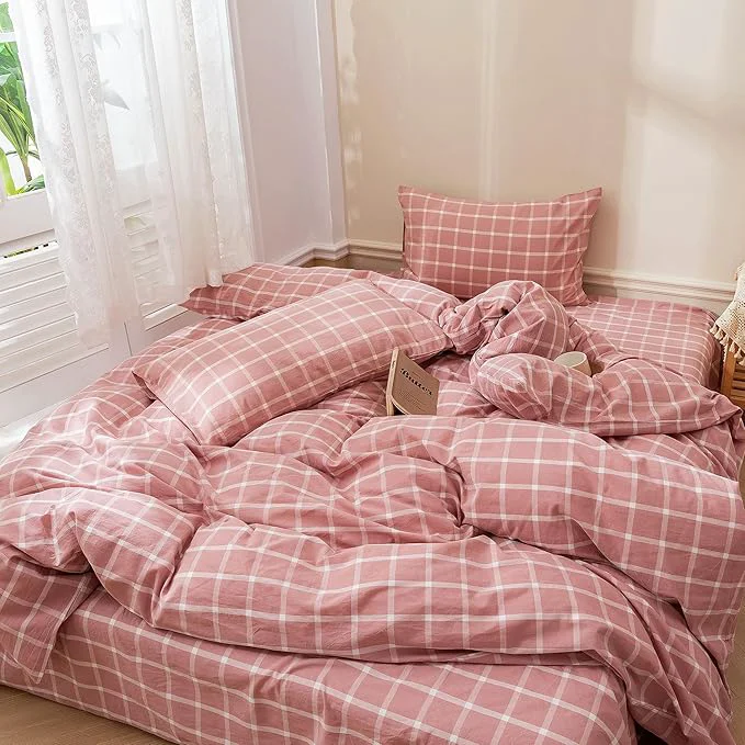 Smart EAVD Modern Style White and Pink Grid Plaid Duvet Cover Twin Soft Cotton Reversible Checkered Plaid Bedding Set for Girls with 2 Pillowcases Simple Style Geometric Duvet Cover with Zipper Closure Powerful
