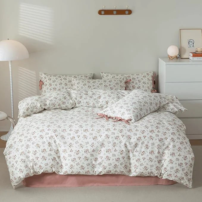 Traditional VM VOUGEMARKET Peach Flower Bedding Set King Chic Girls Floral Duvet Cover with Zipper Closure Cotton Blush Pink Comforter Cover Set 3 pcs 104×90 Contemporary