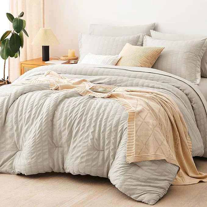 Recyclable CozyLux King Size Comforter Set Beige Seersucker 7 Pieces Bed in a Bag King Comforter Set with Sheets Luxury Soft Bedding Set with Down Comforter Sheets Pillowcases amp Shams All Seasons Verified