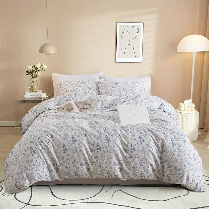 Solid VM VOUGEMARKET Duvet Cover Full 3 PCS Blue Floral Bedding Set Botanical Printed on White Duvet Cover Soft Cotton Comforter Cover with Zipper Closure 4 Ties for Teen Girls-80×90 Inch High-Quality