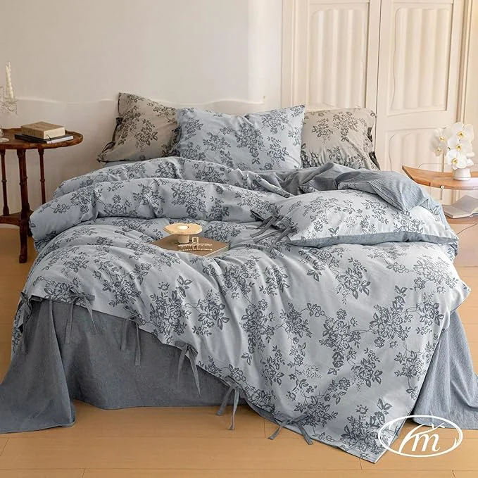 Trusted VM VOUGEMARKET Duvet Cover Set King Size Linen Cotton Yarn-Dyed Duvet Cover Jacquard Garden Floral Pattern Monet Style 3Pieces Bedding Set Navy Blue Certified