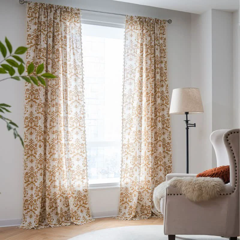 Innovative Ownkoti Vintage Yellow Pattern Curtain with Tassel Exclusive