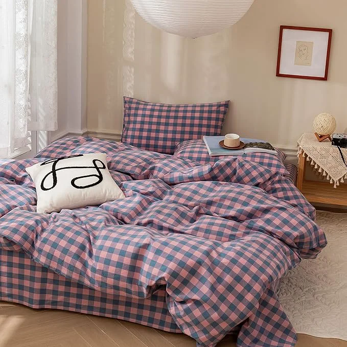 Clean EAVD Modern Purple Pink Plaid Duvet Cover Twin Soft Cotton Reversible Grid Plaid Bedding Set with 2 Pillowcases Simple Geometric Duvet Cover with Zipper Closure Specialty