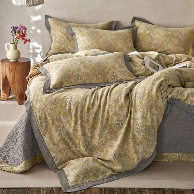 High-Grade VM VOUGEMARKET Yellow Flower Duvet Cover Queen 3 Pieces Retro Jacquard Golden Floral Bedding Set Linen Cotton Yarn-Dyed Textured Duvet Cover with Zipper Closure First-Class