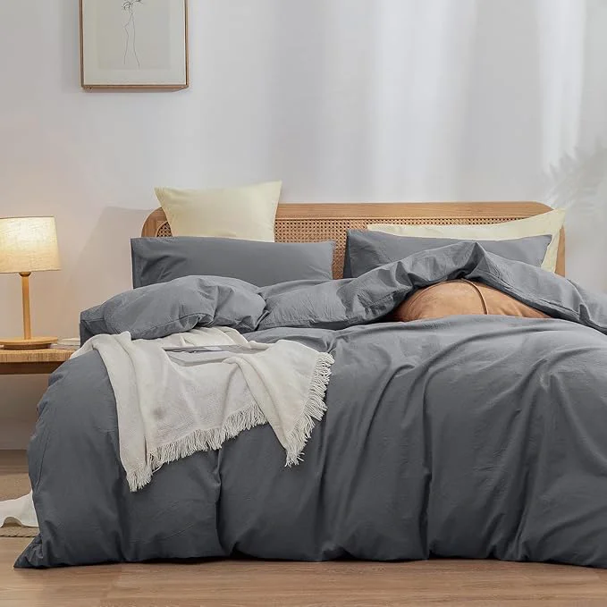 Detailed OUCH Duvet Cover Set Washed Cotton Linen Feel Super Soft Comfortable Chic Lightweight 3 PCs Home Bedding Set Solid Quiet Shade Grey Super Queen Fine Crafted
