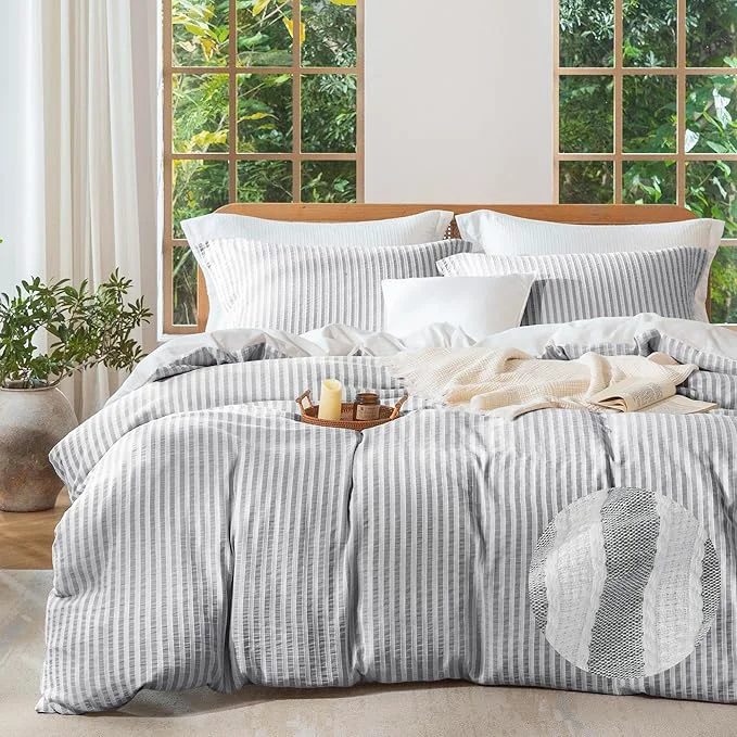 Exclusive MILDLY Grey Striped Duvet Cover – Washed Cotton Jacquard Textured Comforter Cover with Dual Zipper Closure amp 8 Coner Ties Luxury