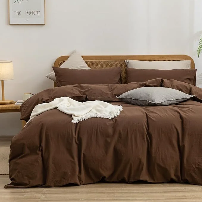 Casual OUCH Duvet Cover Set Washed Cotton Linen Feel Super Soft Comfortable Chic Lightweight 3 PCs Home Bedding Set Solid Cocoa Brown Super King