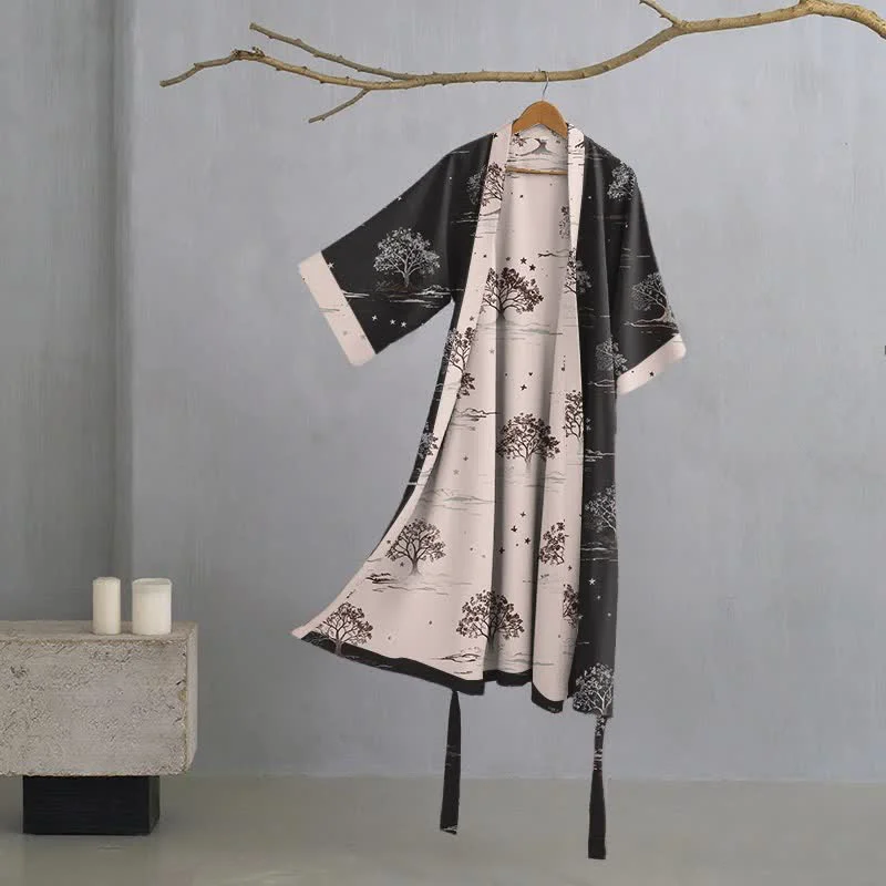 Classic Ownkoti Unisex Charcoal Tree Cotton Kimono Robe Soft