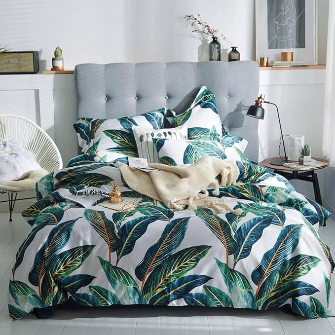 Fast VM VOUGEMARKET Leaves Duvet Cover Set Queen 3 Piece Soft Premium Cotton Green Tropical Palm Tree Comforter Cover with Zipper Closure Botanical Bedding Set Queen Fine