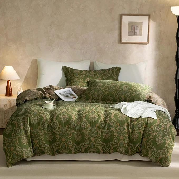 Breathable VM VOUGEMARKET Green Floral Duvet Cover Queen 3 Pieces Retro Boho Medallion Jacquard Flower Bedding Set Linen Cotton Yarn-Dyed Textured Reversible Duvet Cover with Zipper Closure Prestigious