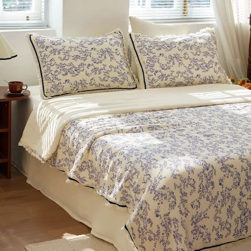 Top-Quality Ownkoti Blue Leaf Ruffled Cotton Gauze Quilt Premium Material