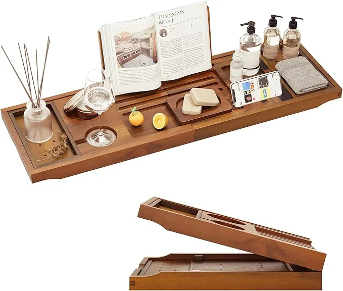 Practical Premium Foldable Teak Bathtub Tray Expandable Bath Tray Fine Crafted