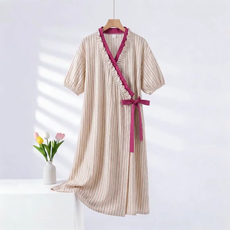 Verified Ownkoti Polka Dot Striped Ruffled Side-tie Nightgown Organic