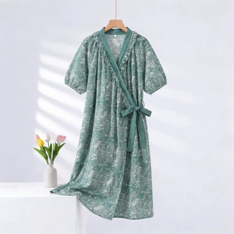 Optimized Ownkoti Vintage Green Ruffled Side-tie Nightgown Practical